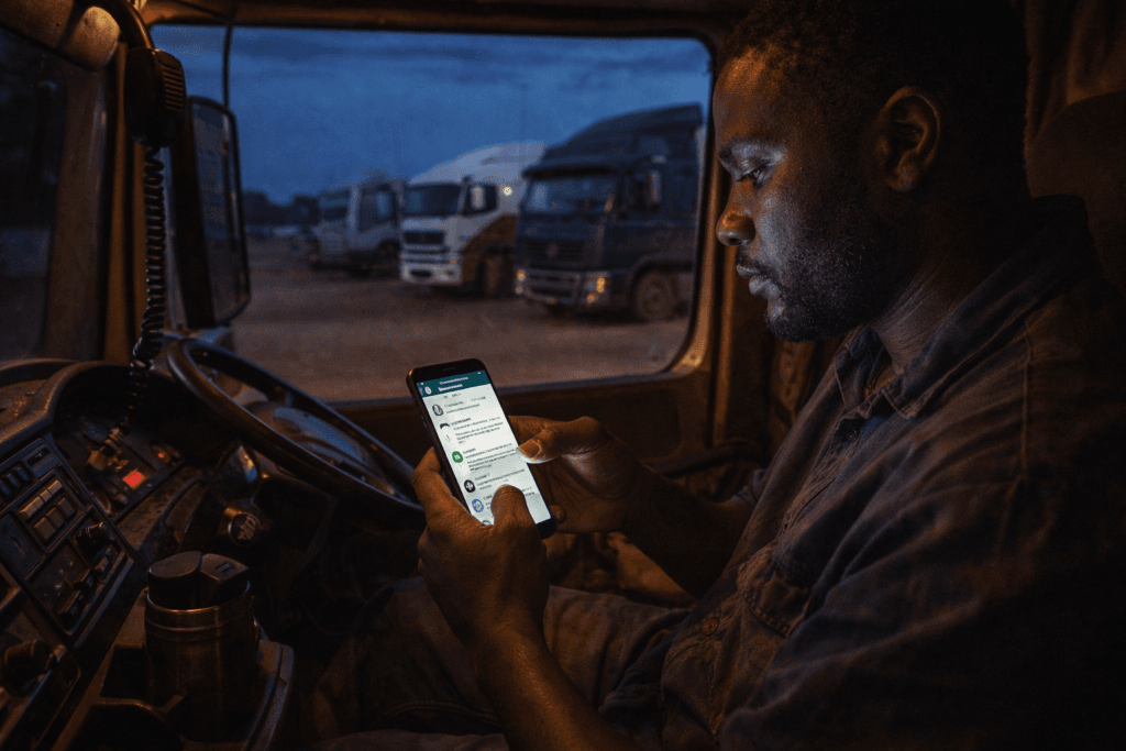 WhatsApp load groups for trucks - driver using smartphone in truck cab at African truck stop