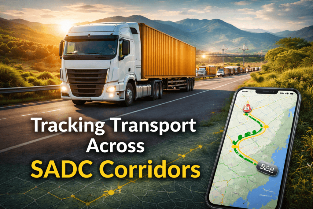 Transport Tracking in SADC . White container truck driving on a SADC highway at sunset with GPS tracking map showing cross-border transport route in Southern Africa.