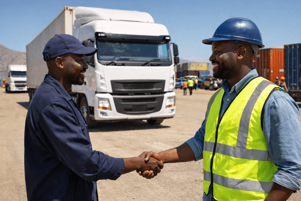 Two Southern African freight men shaking hands beside a truck at a container yard in bright daylight