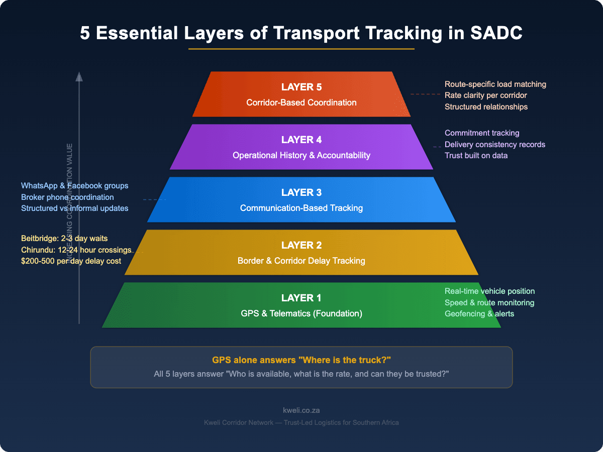 Infographic showing 5 essential layers of transport tracking in SADC: GPS and telematics, border delay tracking, communication tracking, operational history, and corridor-based coordination