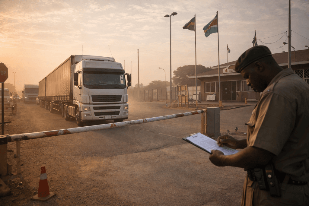 Early morning at a SADC border crossing with trucks waiting for clearance