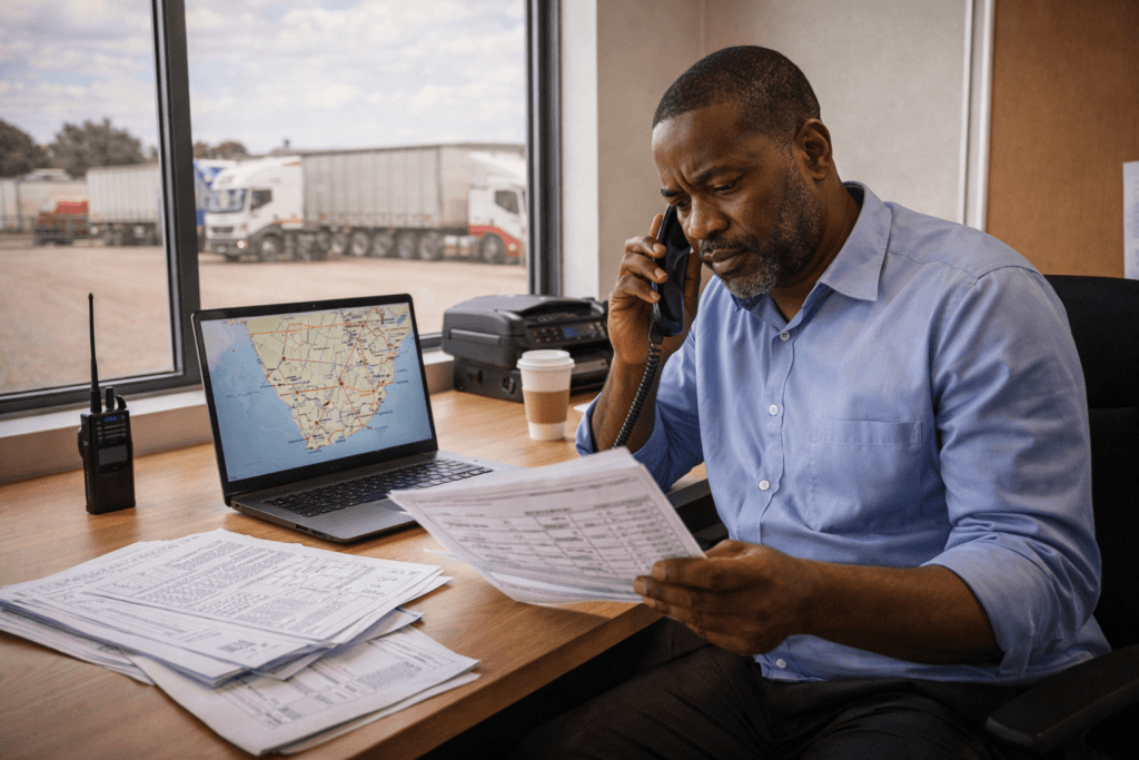 Freight broker at work managing SADC trucking operations from an office