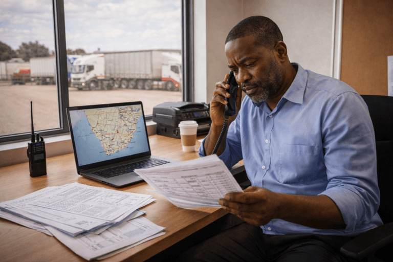 Freight broker at work managing SADC trucking operations from an office
