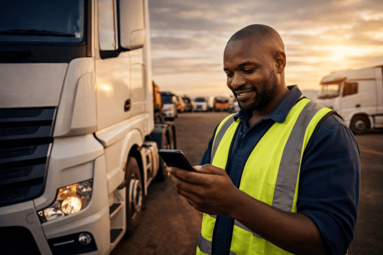 Load board South Africa - truck driver checking available loads on smartphone at transport depot