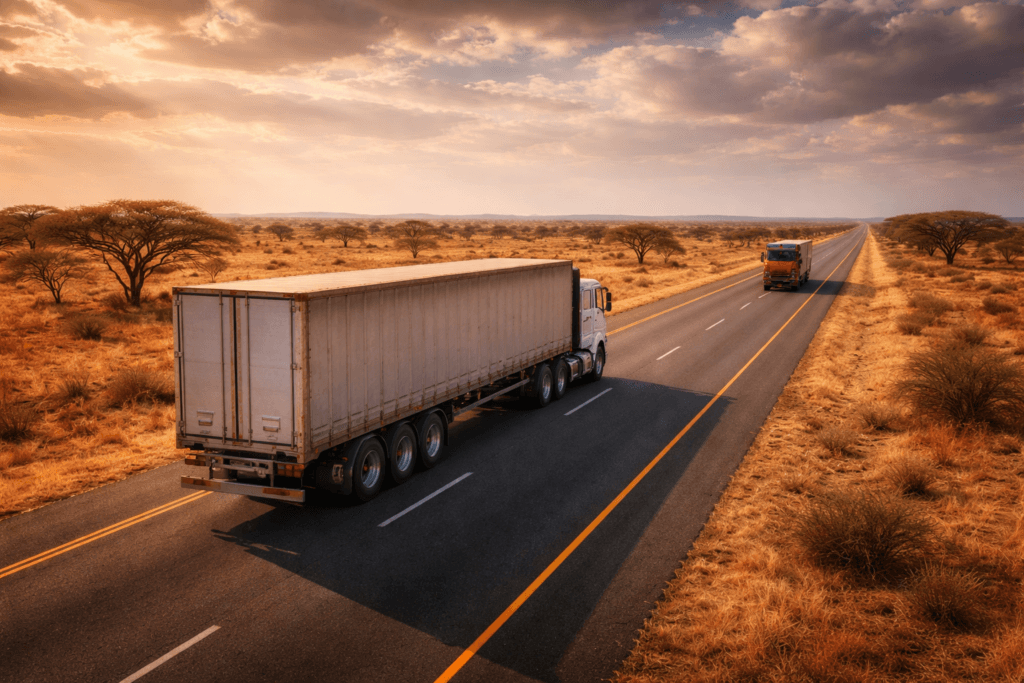 Trucks crossing Southern Africa's savanna on a freight corridor highway