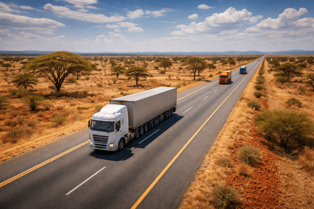 Trucks on the savanna highway in Southern Africa carrying freight