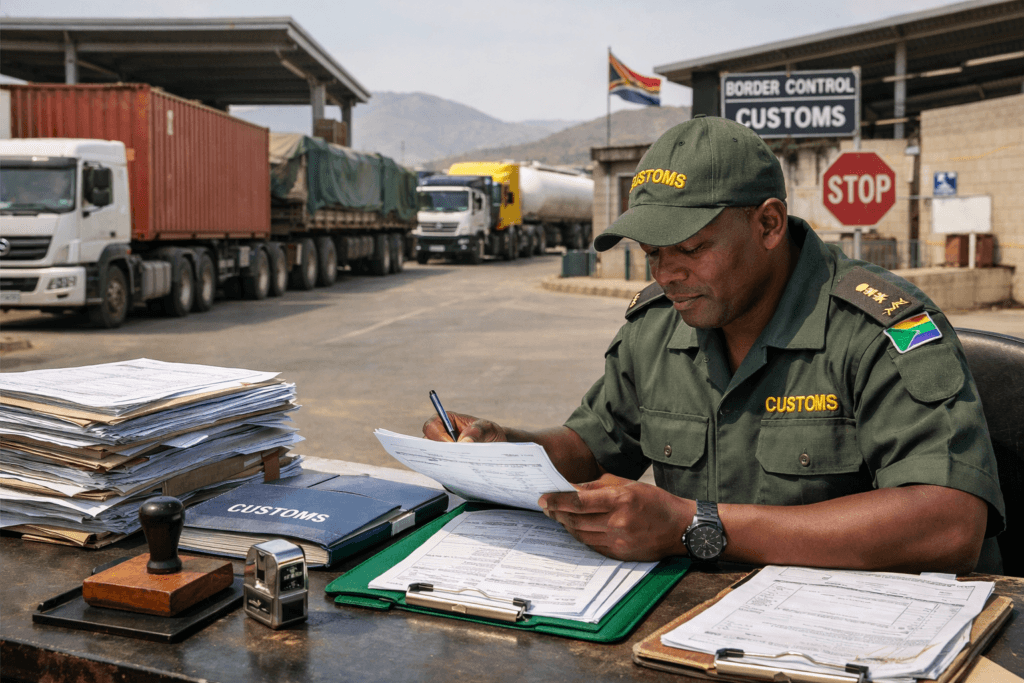 Customs clearance south africa trucks — clearing agent reviewing freight documents at border post