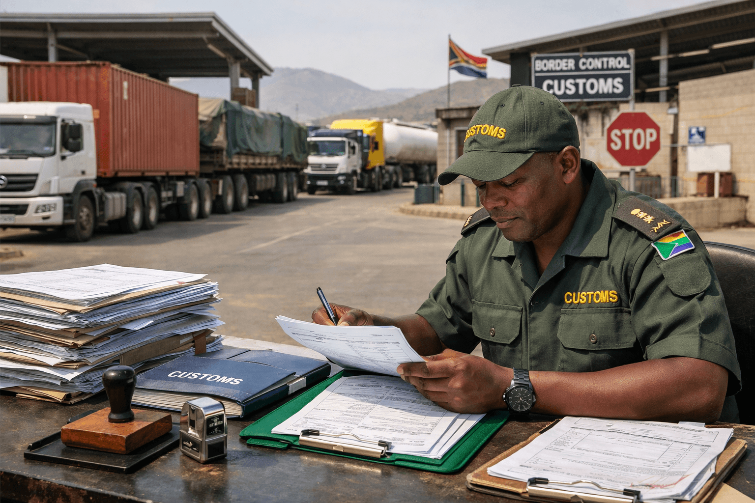 Customs clearance south africa trucks — operator managing SADC cross-border documentation at a South African border post