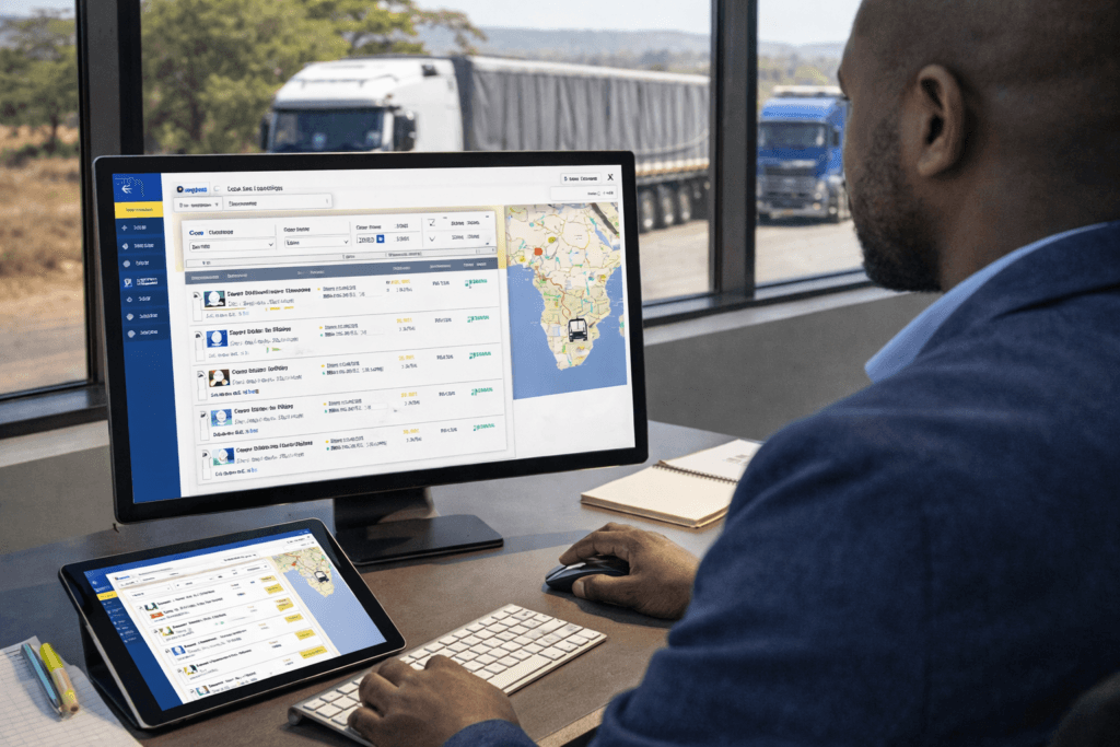 Digital freight platform office in Southern Africa — logistics team managing truck loads