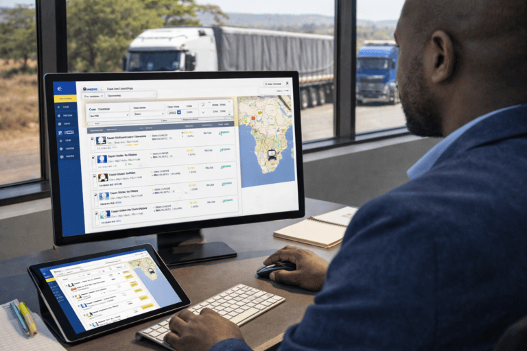 Digital freight platform office in Southern Africa — logistics team managing truck loads