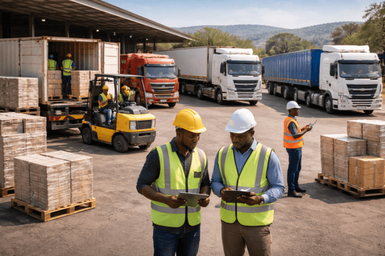 Freight network logistics hub in Southern Africa — warehouse and truck yard at night