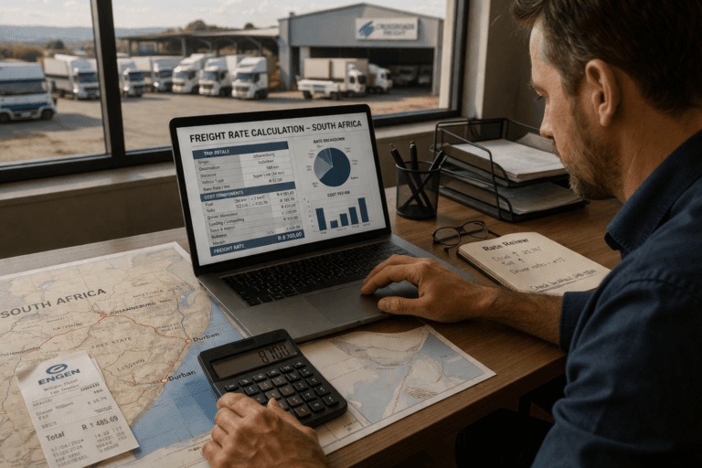 How to calculate freight rates south africa — logistics professional with calculator and map