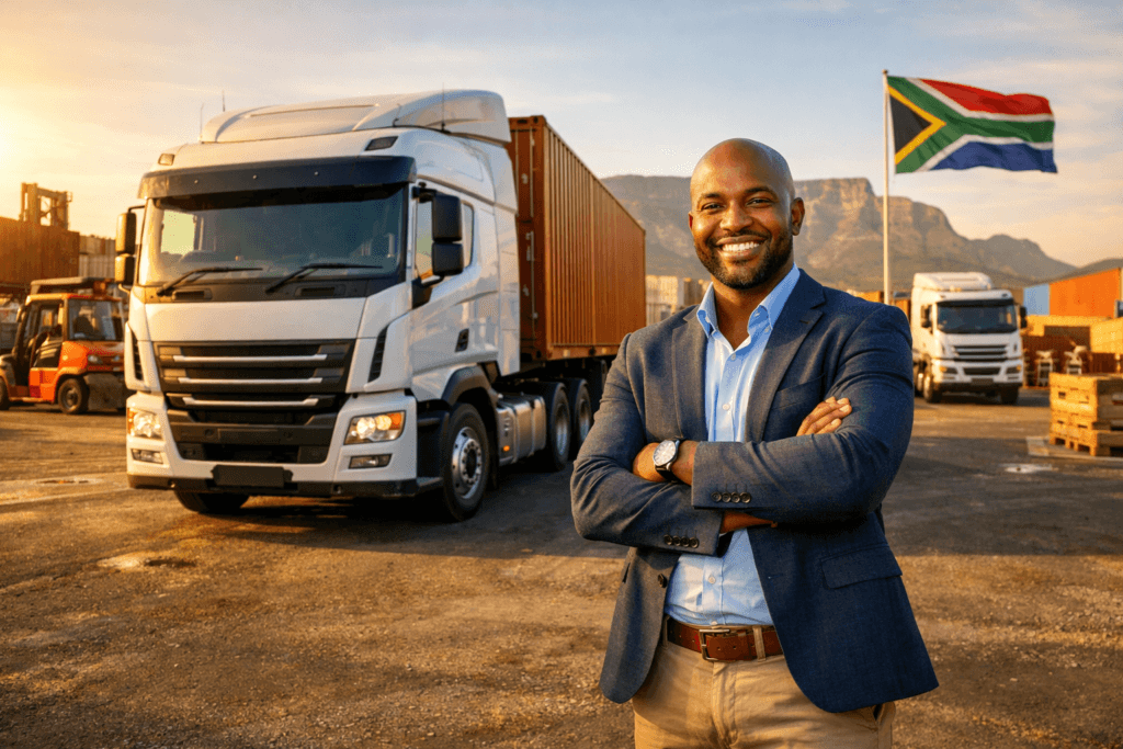 How to start a trucking company south africa — entrepreneur reviewing business plan at a logistics depot