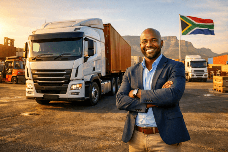 How to start a trucking company south africa — entrepreneur reviewing business plan at a logistics depot