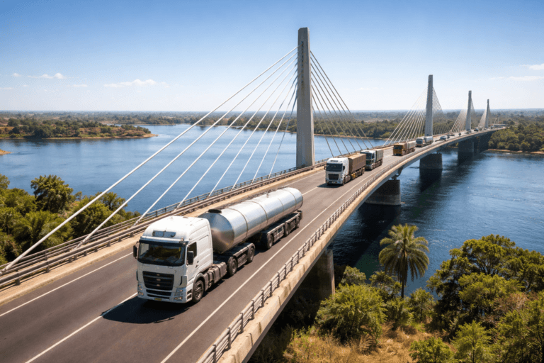 Trucks crossing the Kazungula Bridge over the Zambezi River between Zambia and Botswana