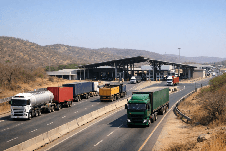 Lebombo border post trucks queued on the N4 Maputo Corridor between South Africa and Mozambique