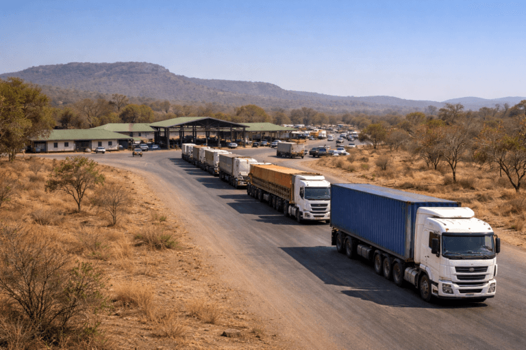 Trucks lined up at Nyamapanda border crossing between Zimbabwe and Mozambique on the Tete Corridor