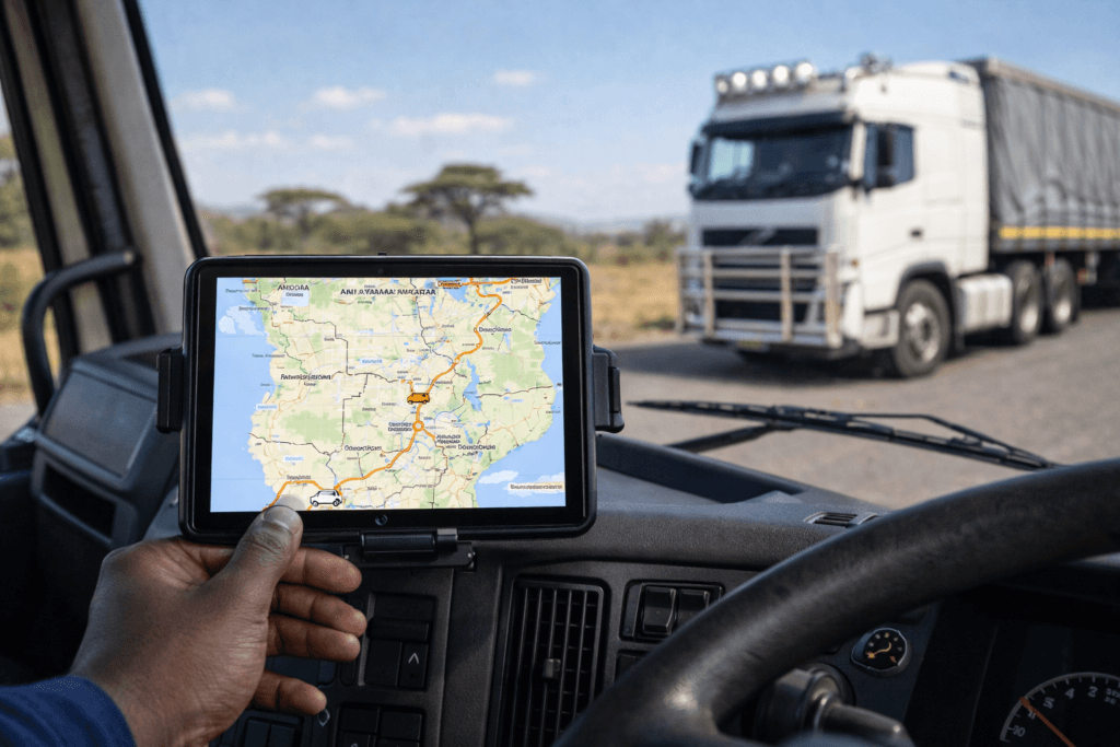 GPS tracking device in a South African truck cab showing real-time transport route