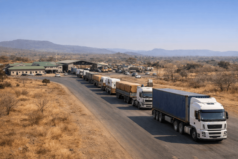 Trucks queued at Tunduma border crossing between Tanzania and Zambia on the Dar es Salaam Corridor