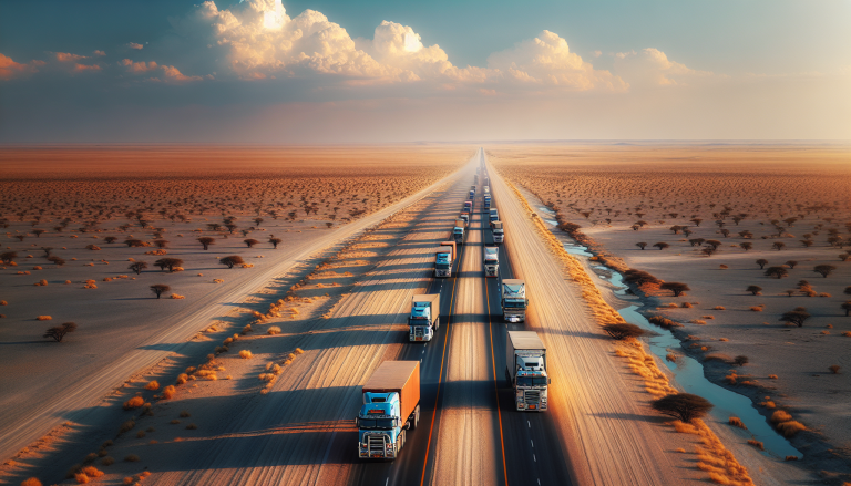 Heavy truck convoy on Trans-Kalahari highway through Botswana Kalahari desert