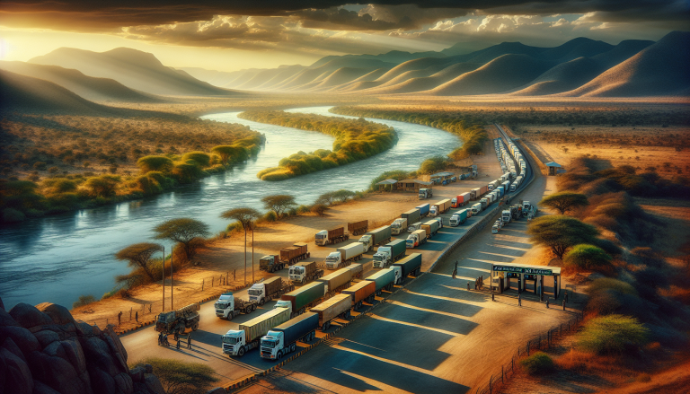 Trucks queuing at Grobler's Bridge border post on the Limpopo River between South Africa and Zimbabwe