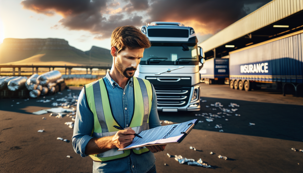 Truck operator reviewing insurance documents at a South African logistics depot