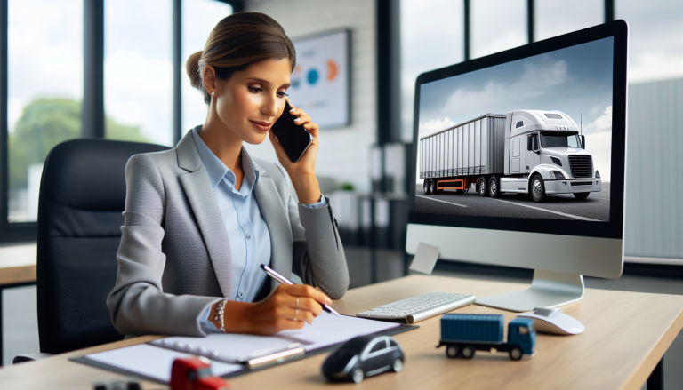 Transport broker on phone with trucking clients, comparing freight options on a computer screen