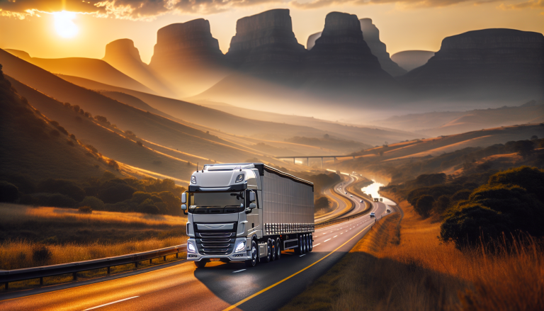 South African truck on N3 highway between Johannesburg and Durban at golden hour