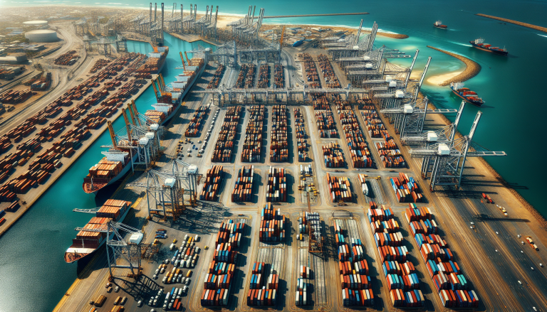 Aerial view of Beira port with container ships cranes stacked containers and African coastline