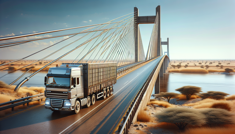 Freight truck crossing Kazungula Bridge over Zambezi River in Botswana dry savanna landscape