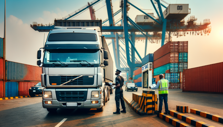 Dar es Salaam port gate procedures with trucks queuing container cranes and Indian Ocean visible