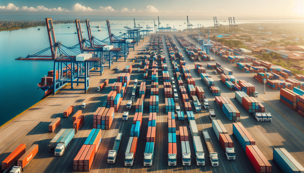 Aerial view of Dar es Salaam port with container ships gantry cranes and Indian Ocean coastline