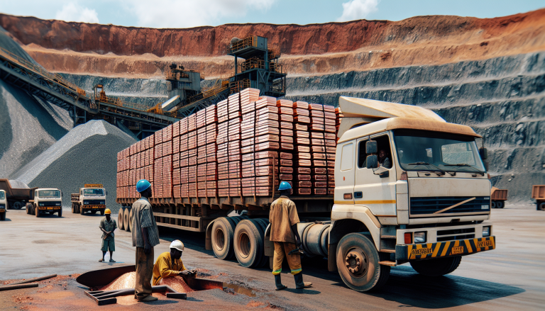 Freight truck on long straight African highway through Congo Basin heading toward Lubumbashi DRC