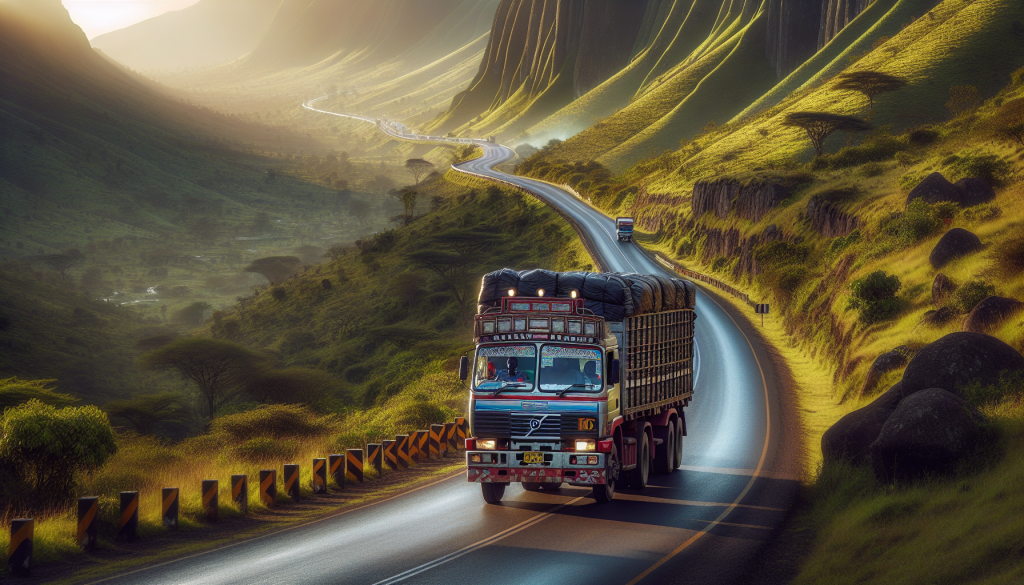 Freight truck on long straight road from Dar es Salaam toward Lusaka through East African savanna