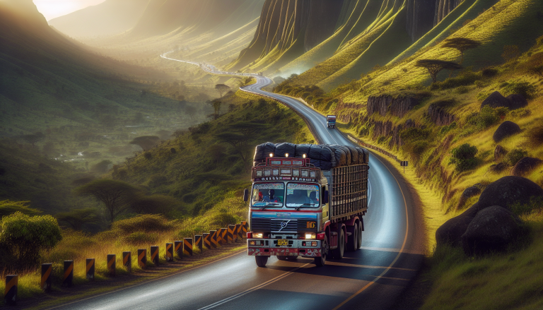 Freight truck on long straight road from Dar es Salaam toward Lusaka through East African savanna