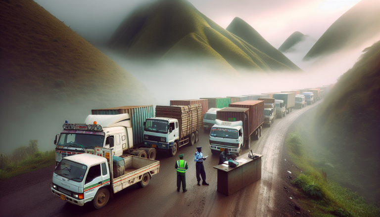 Freight truck on coastal Tanzania road through lush tropical vegetation heading toward Malawi