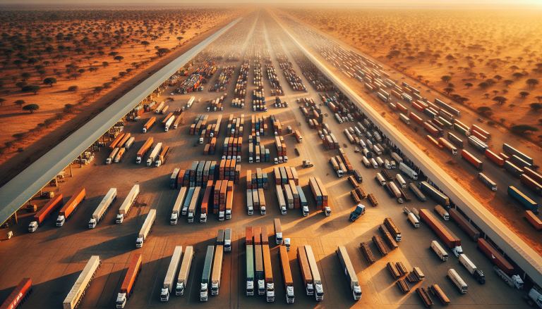 Aerial view of Zambia freight depot with trucks and containers in arid savanna at golden hour