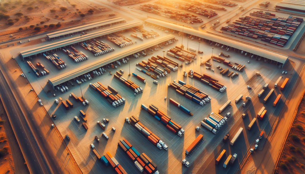 Aerial view of Zimbabwe freight depot with rows of trucks and cargo containers at golden hour