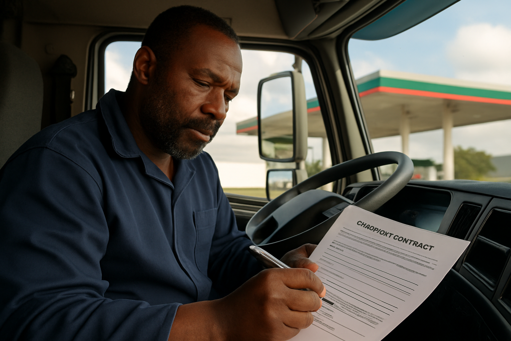 Truck driver completing fuel surcharge contract paperwork at South African fuel station