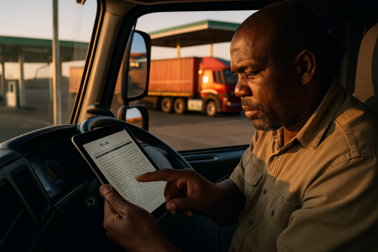 CPK benchmarks for South African trucks - driver reviewing operating costs at fuel station