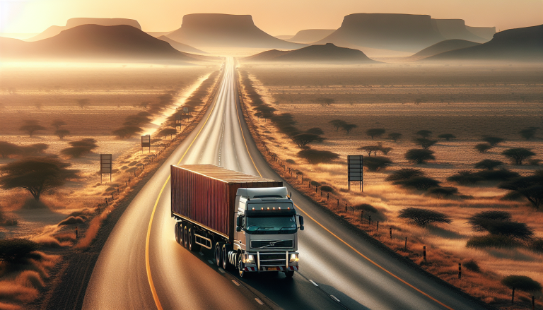 Freight truck driving south through semi-arid African landscape toward Johannesburg on long highway