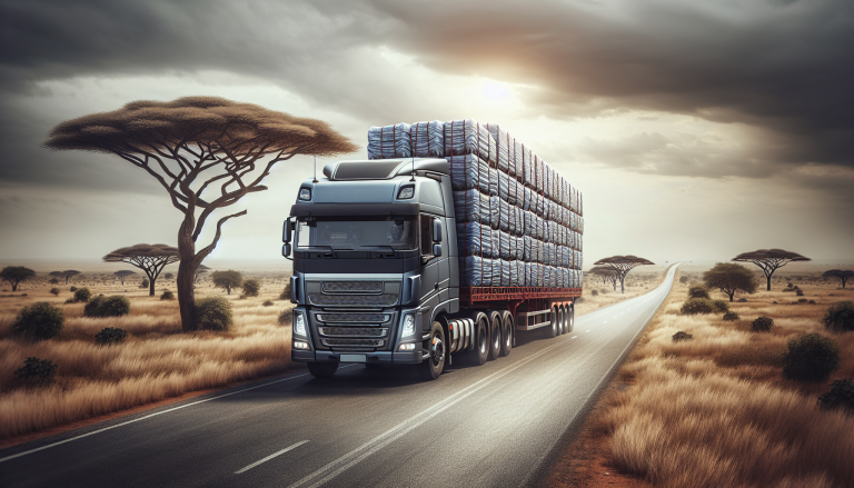 Heavy freight truck driving south through Zambian savanna on Lusaka to Johannesburg corridor