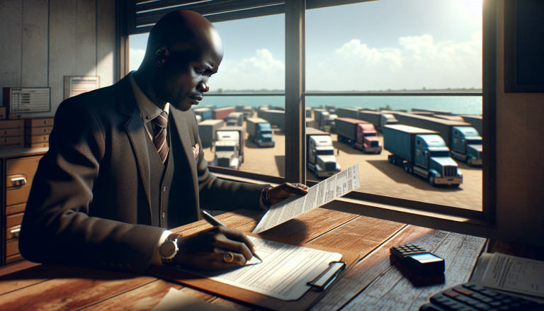 Mozambican freight dispatcher reviewing rate documents at desk overlooking truck depot with coastal light
