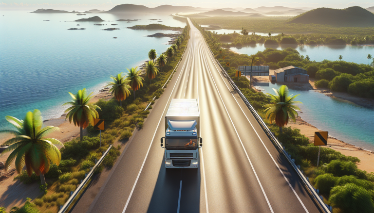 Freight truck on coastal Mozambique highway with Indian Ocean tropical vegetation and palm trees