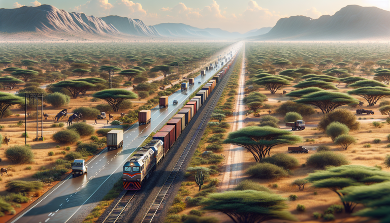 Nacala corridor freight train and road trucks running parallel through African savanna with mountains