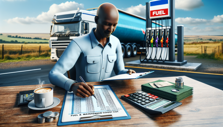 South African truck operator reviewing fuel and maintenance cost documents at roadside with truck behind