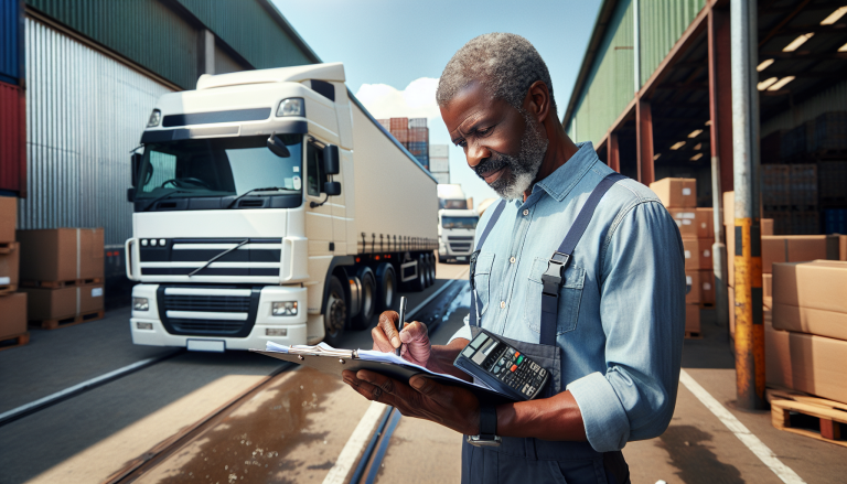 South African truck operator reviewing business documents at desk with trucks visible through window