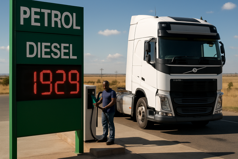 South Africa diesel price board at fuel station with truck in background