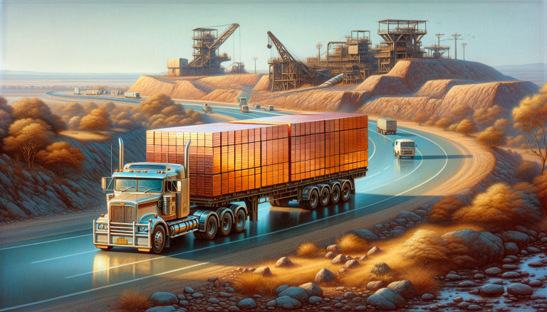 Flatdeck truck loaded with copper cathode slabs driving on Zambia Copperbelt highway near mine