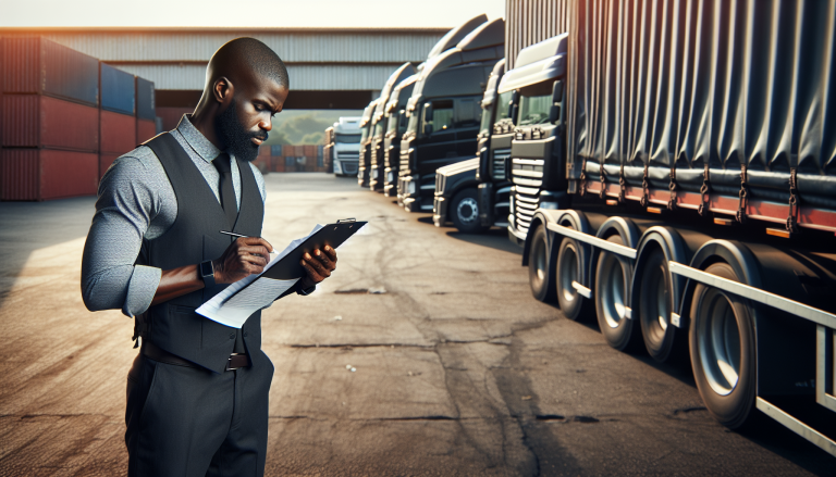 Zambia freight operator reviewing cross-border rate documents at depot with trucks in background